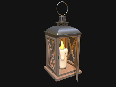 Vintage Candle Lantern Featuring Wooden Frame Glass Panels Metallic Top and Lit Candle 3d model