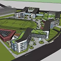 Modern School Building Architecture With Green Lawn Trees And Active Campus Students