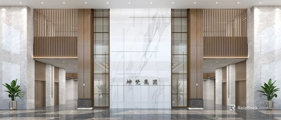 Elegant Modern Reception Desk in Spacious Lobby With Marble Wall and Company Logo 3d model 