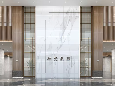 Elegant Modern Reception Desk in Spacious Lobby With Marble Wall and Company Logo 3d model