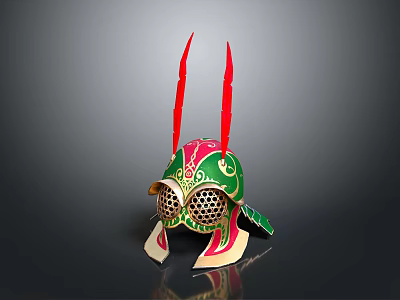 Medieval Ornate Weapon Helmet With Green Red And Gold Accents And Intricate Horns 3d model