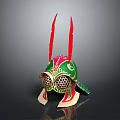 Medieval Ornate Weapon Helmet With Green Red And Gold Accents And Intricate Horns