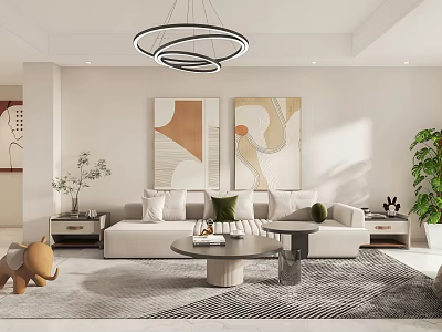 Modern Living And Dining Area Interior With White Sofa Circular Pendant Lights And Abstract Paintings 3d model