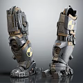 Futuristic Sci Fi Character Mechanical Leg Prosthetics With Radiation Symbols And Armored Design