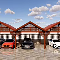 Chinese Style Wooden Parking Lot With Red Roof Openwork And Luxury Cars