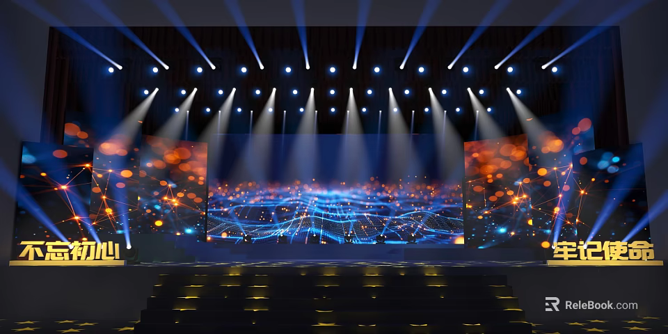 Modern Stage Design Featuring Blue Orange Lighting Large Screens And Light Effects 3d model 