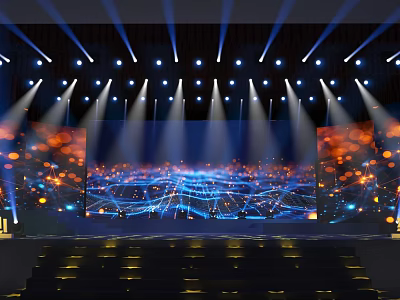Modern Stage Design Featuring Blue Orange Lighting Large Screens And Light Effects 3d model