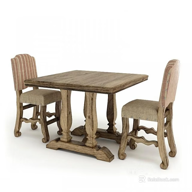 Rustic Wooden Square Dining Table Set With Striped Upholstered Chairs 3d model 