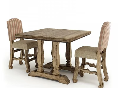 Rustic Wooden Square Dining Table Set With Striped Upholstered Chairs 3d model