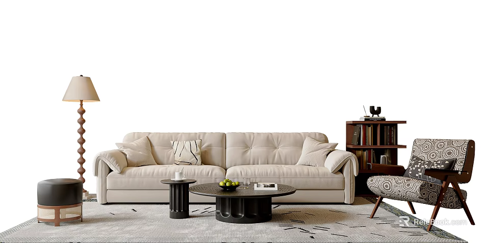 Modern Beige Living Room Sofa With Cushions And Coffee Table With Fruits Book On Rug 3d model 