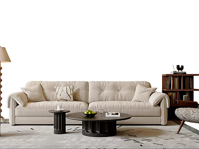 Modern Beige Living Room Sofa With Cushions And Coffee Table With Fruits Book On Rug 3d model