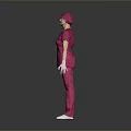 Woman in pink medical uniform with cap and gloves standing on gray background