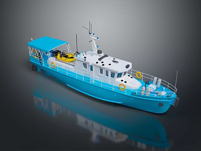 Wooden Boat With Blue Canopy White Hull Yellow Life Rings And Railing On Deck 3d model