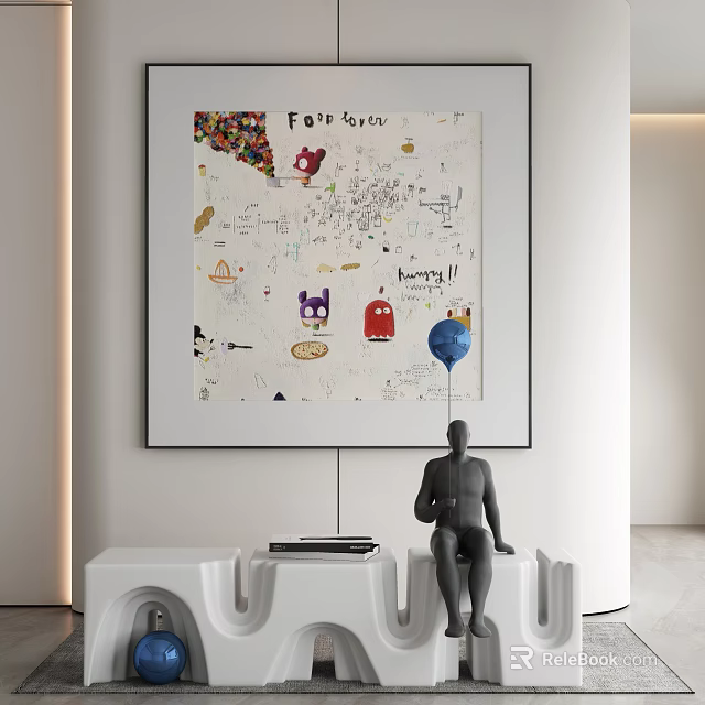 Modern Interior With Graffiti Style Painting For You And Black Sculpture On White Stand 3d model 