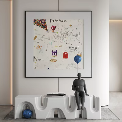 Modern Interior With Graffiti Style Painting For You And Black Sculpture On White Stand 3d model