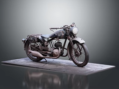 Old Vintage Motorcycle Displayed on Gray Platform with Headlight and Seat 3d model