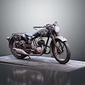 Old Vintage Motorcycle Displayed on Gray Platform with Headlight and Seat