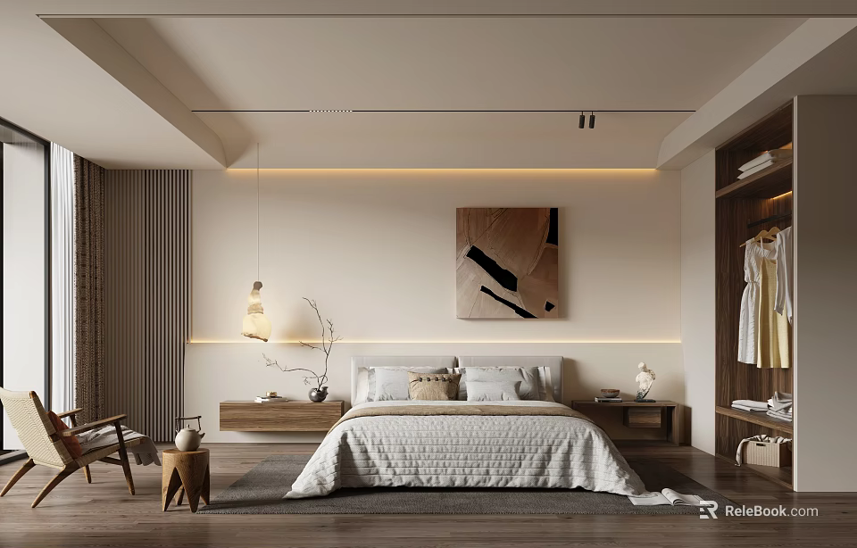 Minimalist Hotel Guest Room With Comfortable Bed Wooden Floor Art Painting And Hanging Lamp 3d model 