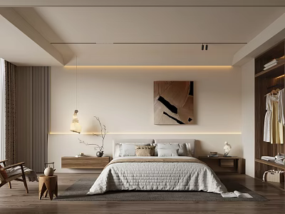 Minimalist Hotel Guest Room With Comfortable Bed Wooden Floor Art Painting And Hanging Lamp 3d model