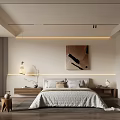 Minimalist Hotel Guest Room With Comfortable Bed Wooden Floor Art Painting And Hanging Lamp