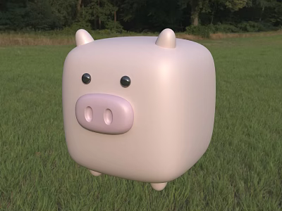 Cute Pink Square Pig Stuffed Toy Standing On Green Grass Field 3d model