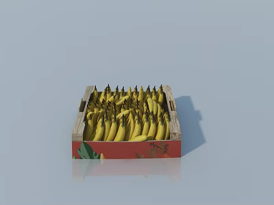 Fresh Yellow Bananas Arranged in Wooden Crate with Red Base and Leaf Pattern 3d model