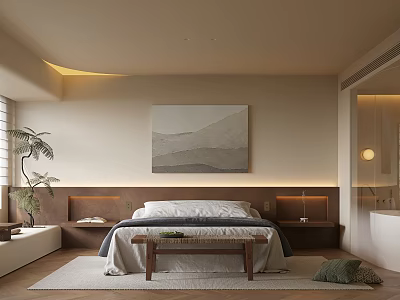 Hotel Guest Room in Neutral Tones with King Bed Large Abstract Painting and Green Plant 3d model