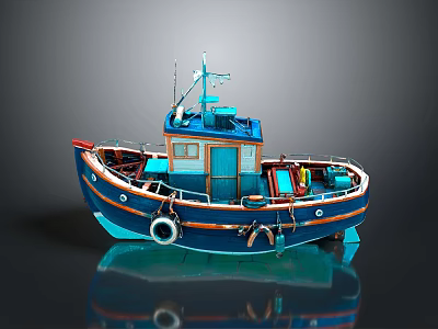 Blue and Orange Small Fishing Boat with Cabin Lifebuoy and Railing as Water Transport 3d model