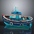 Blue and Orange Small Fishing Boat with Cabin Lifebuoy and Railing as Water Transport
