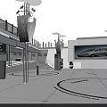 Modern Exhibition Booth Design With Open Layout Red Seats Display Screens And Circular Counter