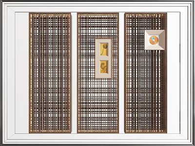 Wooden Lattice Partition Design With Decorative Panels And Circular Artwork 3d model