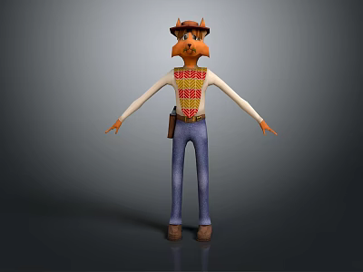 3D Cartoon Fox Game Character With Brown Hat Patterned Vest Blue Jeans And Boots 3d model