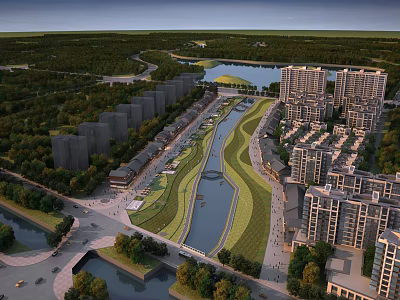 Scenic Commercial Street With Riverside Greenery And Surrounding Modern Buildings 3d model