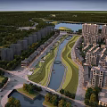 Scenic Commercial Street With Riverside Greenery And Surrounding Modern Buildings