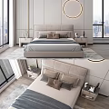 Double Bed in Modern Bedroom with Upholstered Headboard Decorative Pillows and City View Windows