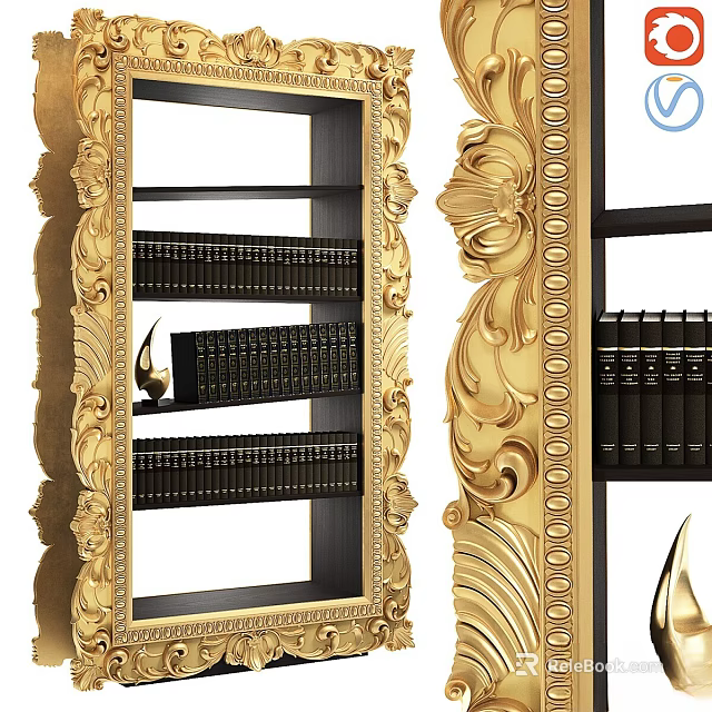 Ornate Golden Framed Bookshelf With Black Books And Decorative Carvings 3d model 