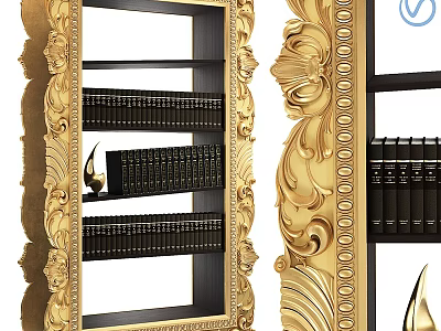 Ornate Golden Framed Bookshelf With Black Books And Decorative Carvings 3d model