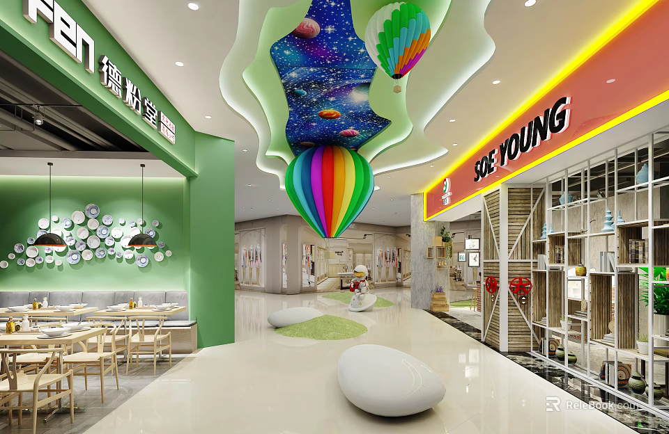 Vibrant Shopping Mall Lobby With Colorful Hot Air Balloon Decor Green Walls And SEEYOUNG Store 3d model 