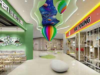 Vibrant Shopping Mall Lobby With Colorful Hot Air Balloon Decor Green Walls And SEEYOUNG Store 3d model