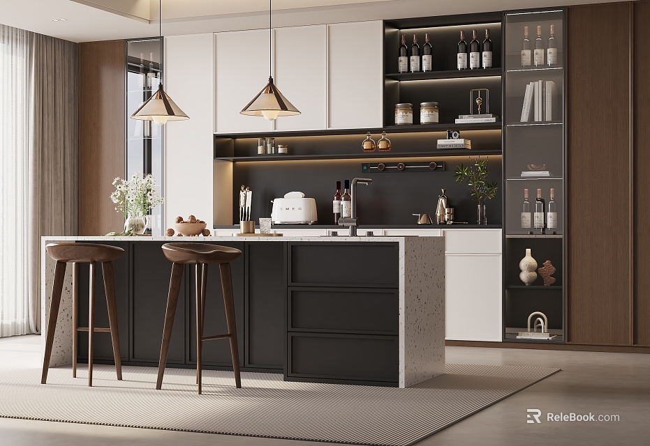 Modern Bar Area With Wooden Stools Hanging Pendant Lights Wine Storage And Decorative Plants 3d model 