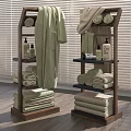 Wooden Bathroom Shelving Units with Bathrobe Folded Towels and Bath Products