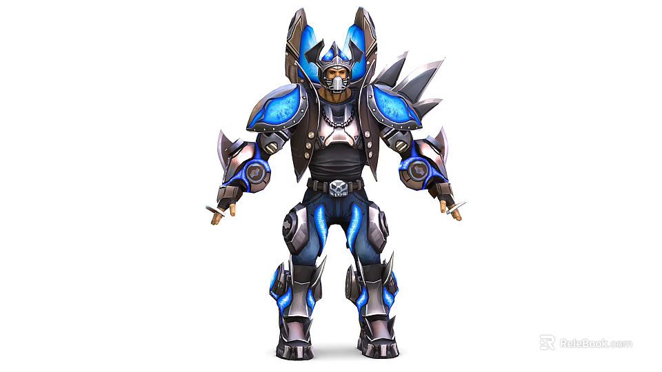 Fantasy Warrior Character With Mythical Creature Inspired Blue Black Spiked Armor And Glowing Accents 3d model 