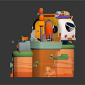Colorful Cartoon 3D Scene With Playful Vehicle Green Grass And Small Structures