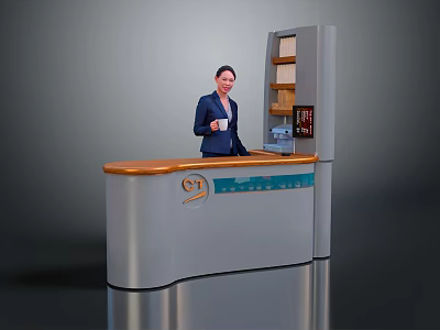 Modern Reception Desk With Silver Body Brown Countertop G1 Logo And Shelf Cabinet 3d model
