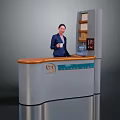 Modern Reception Desk With Silver Body Brown Countertop G1 Logo And Shelf Cabinet
