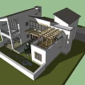 Modern Detached Villa With White Exterior Large Windows Wooden Balcony And Green Plants