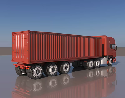 Red Utility Container Truck With Multiple Wheels For Cargo Transportation 3d model