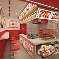 Modern Mall Snack Shop with Red Decor Display Counter Stools and Food Posters