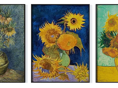 Oil Paintings Of Sunflowers In Vases With Various Artistic Backgrounds 3d model