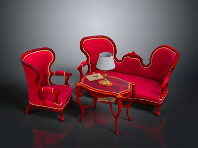 Ornate Red Sofa And Coffee Table Set With Armchair Table Lamp And Decorative Details 3d model